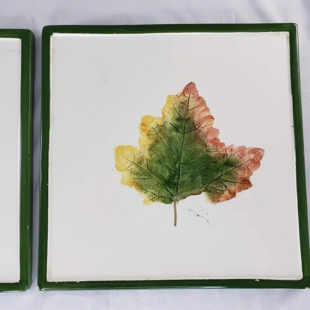 Pier 1 Leaf Trivet Tiles Set of 2 Italy Green White